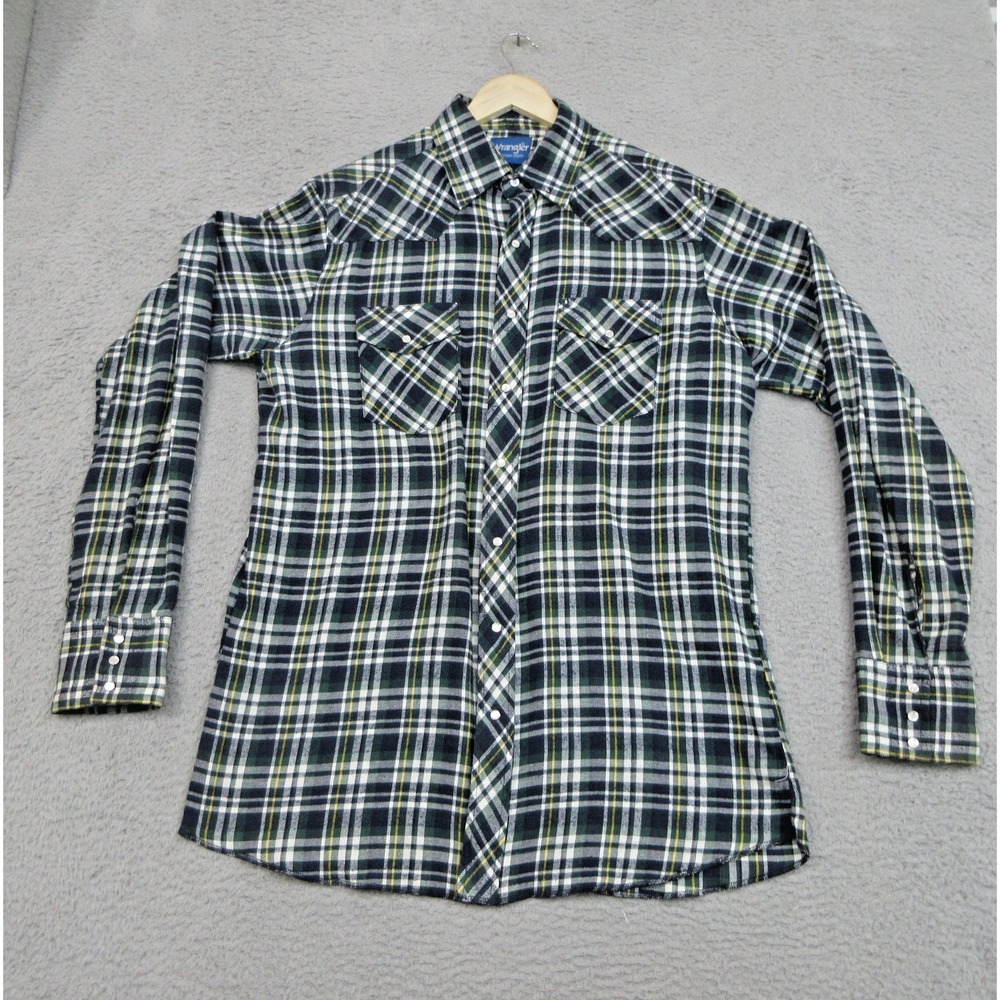 Wrangler Western Shirt Mens Medium Green‎ Navy Plaid Pearl Snap Flannel Rodeo